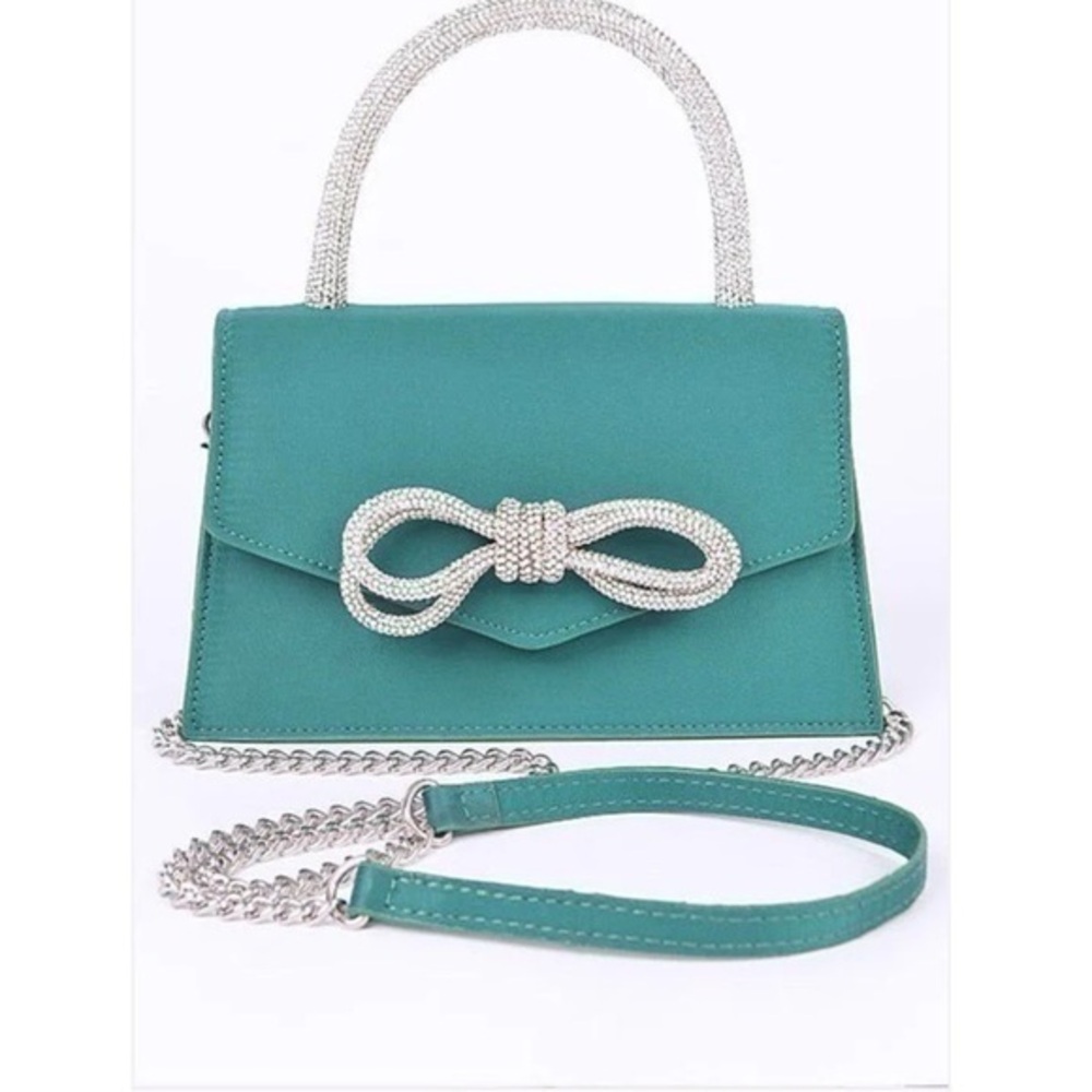 Emerald Green Rhinestone Bow Accent Top Handle Swing Clutch Bag